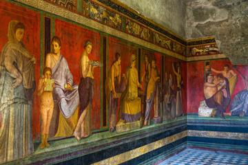 The frescoes of Villa dei Misteri (Villa of the Mysteries), an ancient Roman villa at Pompeii ancient city, Italy - obrazy, fototapety, plakaty