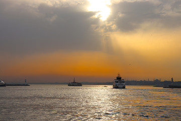The appearance of steamboats at sunset from Istanbul, Kadikoy