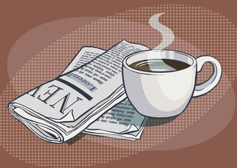 Newspaper with a cup of coffee. Pop art vector retro illustration