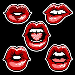 Set of lips patches. Pop art comic style. Vector illustration.