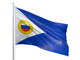 Chukotka (Federal subject of Russia) flag waving on white background, close up, isolated. 3D render © joric