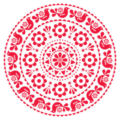 Scandinavian folk vector design mandala pattern - round design, cute floral ornament with birds in red on white background