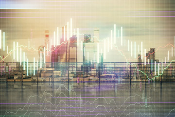 Obraz premium Forex graph hologram with city view from roof background. Double exposure. Financial analysis concept.