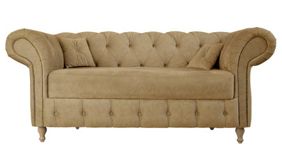 Beige sofa on wooden legs on white background. Upholstered furniture for the living room. Light brown couch isolated