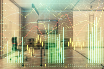 Business theme graph hologram with minimalistic cabinet interior background. Double exposure. Stock market concept.