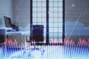 Forex chart hologram with minimalistic cabinet interior background. Double exposure. Stock market concept.
