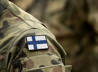 Flag of Finland on military uniform. Army, troops, soldiers. Collage. - obrazy, fototapety, plakaty