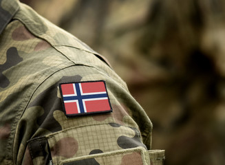 Flag of Norway on military uniform. Army, troops, soldiers. Collage.