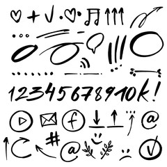 Hand drawn signs and numbers for social networks. Sale in the store and phone number. Arrows and dots. - 299736134