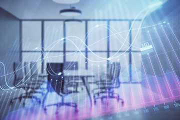 Multi exposure of stock market graph on conference room background. Concept of financial analysis
