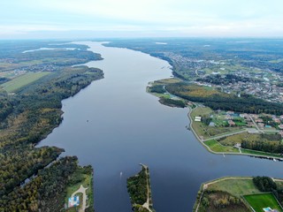 Aerial view of the landscape is a beautiful river at sunset in summer in clear weather.
