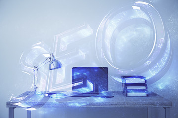 SEO sketch hologram with desktop office background. Double exposure. Concept of search optimization