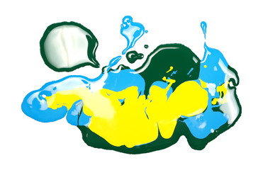 Blue, green and yellow oil paint puddle isolated on white background, top view