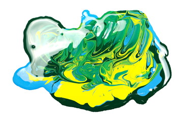 Blue, green and yellow oil paint puddle isolated on white background, top view