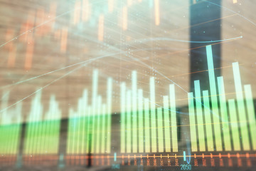 Double exposure of stock market graph on empty exterior background. Concept of analysis