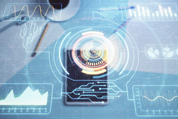 Double exposure of technology theme drawing on digital tablet laying on table background. Concept of hightech