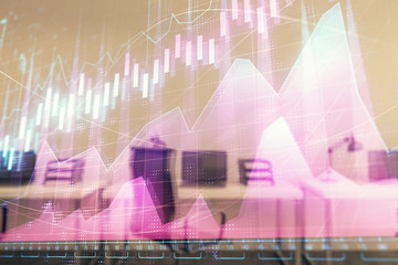 Stock and bond market graph with trading desk bank office interior on background. Multi exposure. Concept of financial analysis