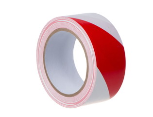 A roll of red-white ribbon for fencing, close-up on a white background in isolation