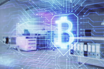 Cryptocurrency theme drawing with office interior background. Double exposure. Concept of blockchain.