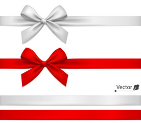 Ribbons with bow - red, white, silver. Isolated on white.
