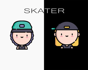 Set cute skater icon on black and white background - fashion - style - cool - vector