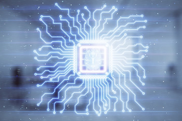 Human brain drawing with office interior on background. Double exposure. Concept of innovation.