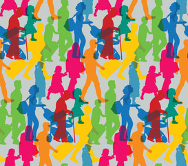 Color happy family people travel silhouette seamless pattern