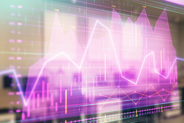 Stock market chart with trading desk bank office interior on background. Double exposure. Concept of financial analysis