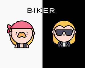 Set cute biker cartoon icon on black and white background - fashion - style - cool - vector