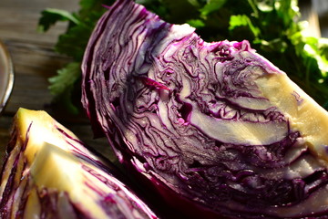 Fresh vegetables in the sunlight. Red cabbage and parsley. Vegetarian wholesome food. Red cabbage...