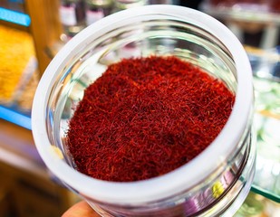Saffron in bowls at the Egyptian Bazaar in Istanbul