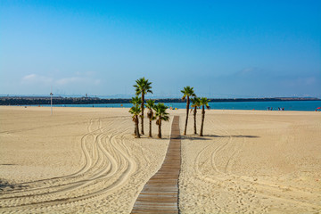 Beautiful local sandy beach Playa de la Puntilla on Atlantic ocean in El Puerto de Santa-Maria, Andalusia, Spain © barmalini