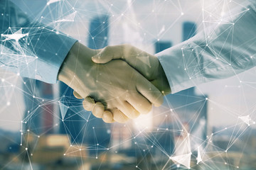 Double exposure of abstract technology drawing on cityscape background with two businessmen...