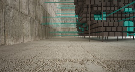 Abstract architectural concrete  interior  from an array of blue cubes with large windows. 3D illustration and rendering.