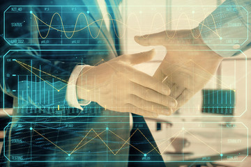 Multi exposure of financial graph on office background with two businessmen handshake. Concept of success in business