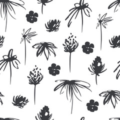 Vector seamless pattern of ink floral in retro style on a white background. Flowers, buds and leaves. Hand drawn ink.  Design for wedding invitations, envelopes, greeting card template and textile