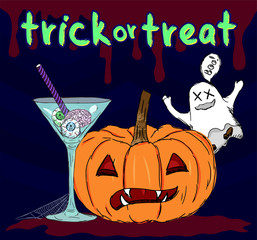trick or treat scary poster with cocktail glass, wicked pumpkin, funny ghost on dark background with blood streaks, halloween greeting card, cartoon drawing editable vector illustration