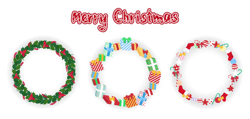 set of cute merry christmas simple frames with sweets and candy cane, with gift boxes, with green Ilex aquifolium leaves and red berries, for winter holiday decoration, editable vector illustration