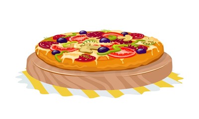 Appetizing pizza with slices of tomatoes, bell pepper, mushrooms, black olives, pepperoni, cheese is on wooden tray. Fast food, snack. Cartoon vector illustration isolated on white background.