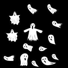 Halloween ghosts. Ghostly monster with scary face shape. Ghost white fun cute evil horror. Fantasy silhouette for scary october. For holiday design or costume, etc. Flat vector. Isolated icons set.