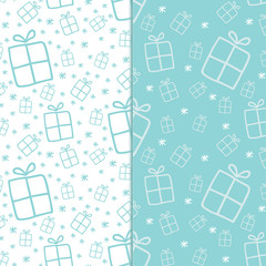 Christmas New Year set of seamless patterns with simple Xmas gift boxes in doodle style. Hand drawn texture for greeting cards, fabric, wrapping paper design. Vector illustration in pastel colours