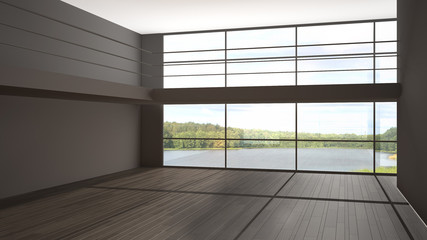 Empty room interior design, open space with white walls and parquet wooden floor, big panoramic window, mezzanine, modern contemporary architecture, no people, mock-up with copy space