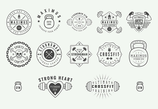 Set of gym logos, labels and slogans in vintage style. Graphic illustration
