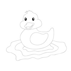 Cartoon funny  duckling swimming in the pond. Vector outline illustration.