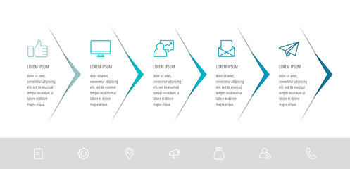 Vector infographic flat template. Arrow with text and icons for five diagrams, graph, flowchart, timeline, marketing, presentation. Business concept with 5 options