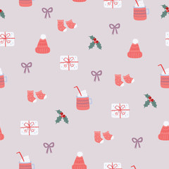 Seamless pattern with holly, hat, socks, cup and bow  on light purple background. Winter holiday print. Seamless vector background.