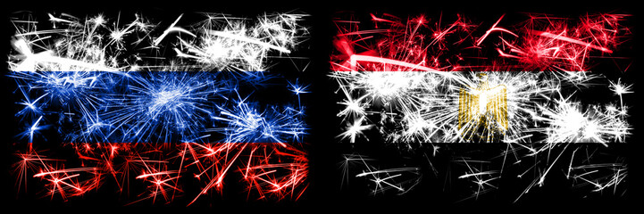 Russia, Russian vs Egypt, Egyptian New Year celebration sparkling fireworks flags concept background. Combination of two states flags