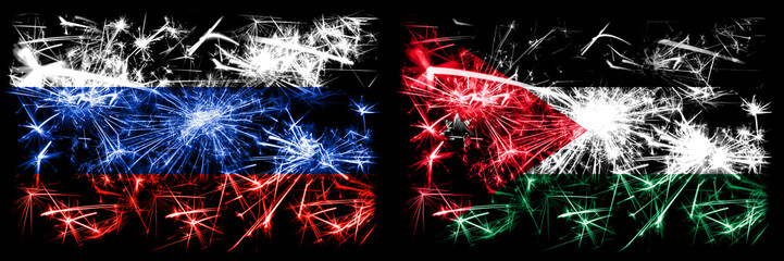 Russia, Russian vs Jordan, Jordanian New Year celebration sparkling fireworks flags concept background. Combination of two states flags
