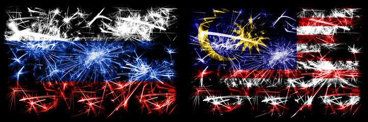 Russia, Russian vs Malaysia, Malaysian New Year celebration sparkling fireworks flags concept background. Combination of two states flags