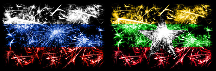 Russia, Russian vs Myanmar New Year celebration sparkling fireworks flags concept background. Combination of two states flags